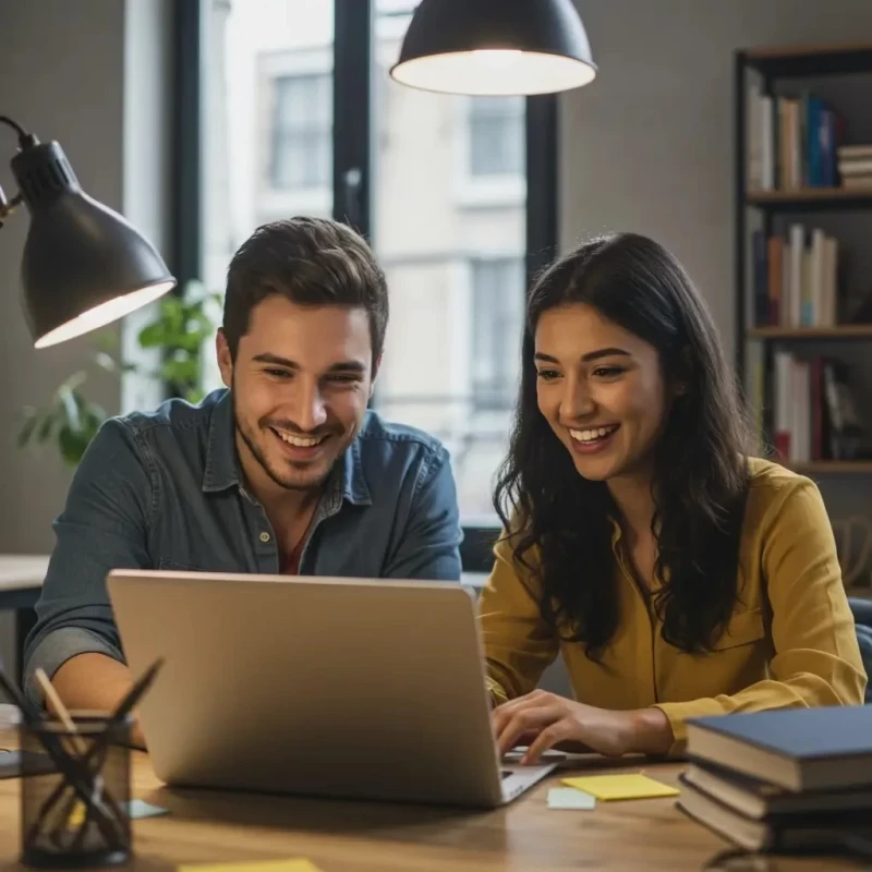 un joven y su amiga estudiando español online frente a una laptop una pareja estudiando español online frente a una laptop